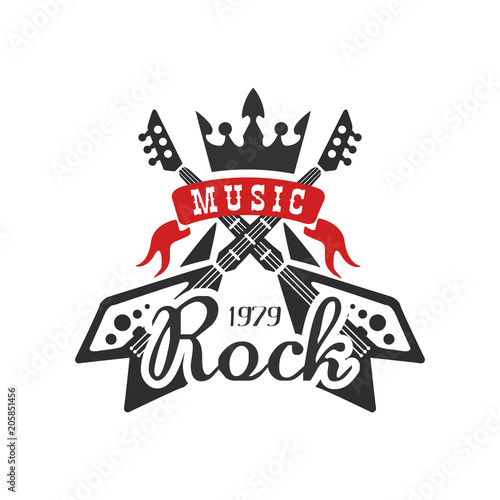 Rock music est. 1979 logo, design element with with electric guitars and crown can be used for poster, banner, flyer, print or stamp vector Illustration on a white background