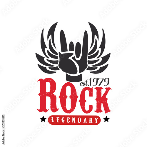 Rock legendary est. 1979 logo, design element with Rock and Roll hand gesture and wings can be used for poster, banner, flyer, print or stamp vector Illustration on a white background
