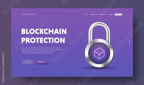 Template of the vector site header for blockchain technology with chrome lock
