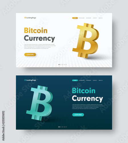 Design of a white and black site header with a gold and blue 3D coin-bitcoin icon
