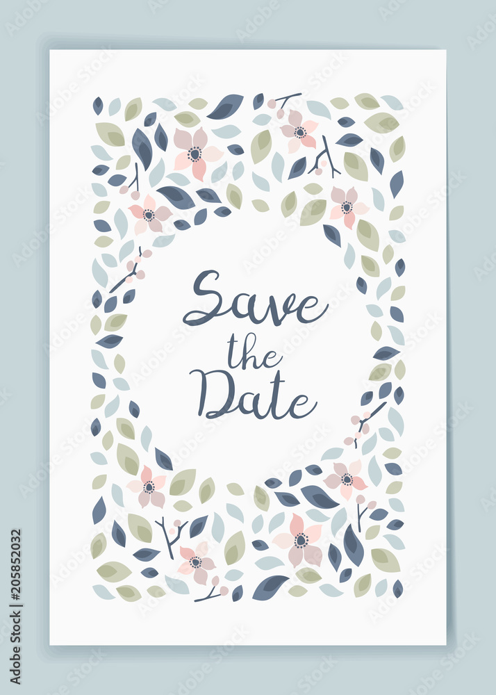 Save the date. Wedding invitation card design template with botanical desig elements. Stationery design. Vector illustration Save the date. Wedding invitation card design template with botanical desig elements. Stationery design. Vector illustration