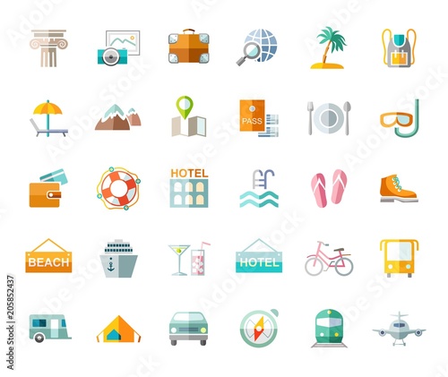 Travel, vacation, tourism, vacation, icons, flat, colored, vector. Different types of holidays and ways of travelling. Colored, flat pictures on a white background. Vector.  