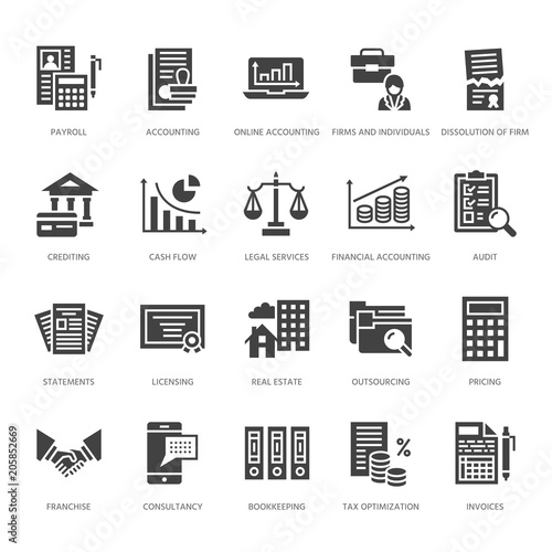 Financial accounting flat glyph icons. Bookkeeping, tax optimization, firm, accountant outsourcing, payroll, real estate crediting. Accountancy finance signs. Solid silhouette pixel perfect 64x64.
