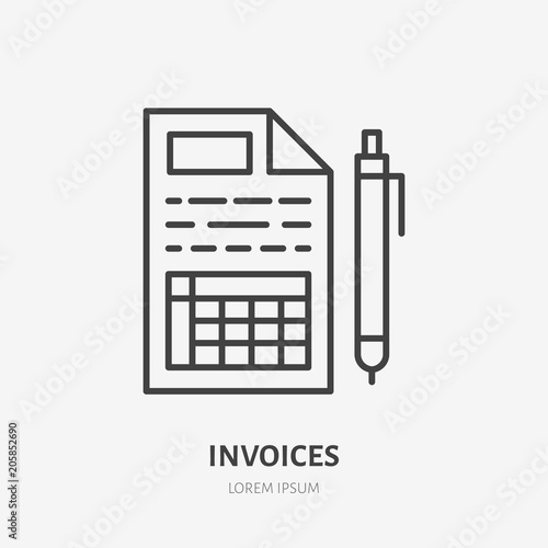Invoice flat line icon. Receipt, paper with pen sign. Thin linear logo for legal financial services, accountancy.