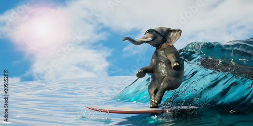 Photography 3D Illustration of a elephant is surfing the sea as a symbol of recreation and s