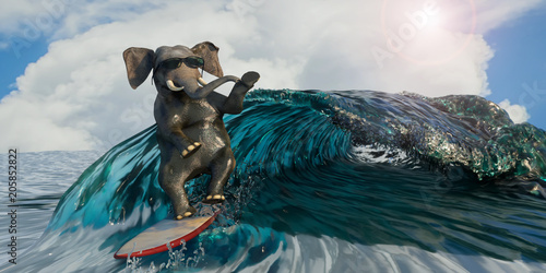 Photography 3D Illustration of a elephant is surfing the sea as a symbol of recreation and s