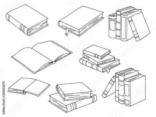 Books set graphic black white isolated sketch illustration vector