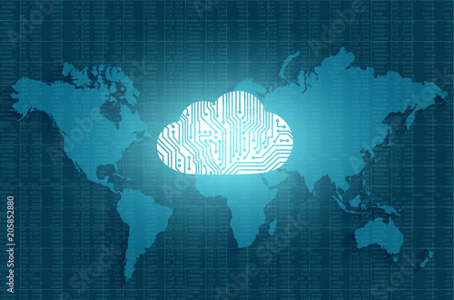 Cloud technology concept on world map background. Vector illustration.
