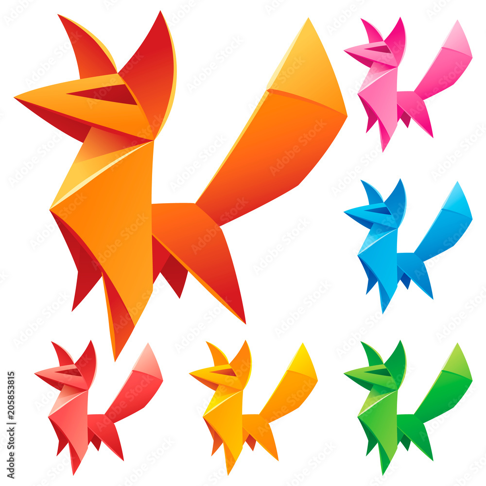 Vector origami cute Fox set. Paper geometric abstract symbol of animal.  Collection of icons: red, orange, yellow, green, blue and pink isolated on  white background Stock Vector | Adobe Stock