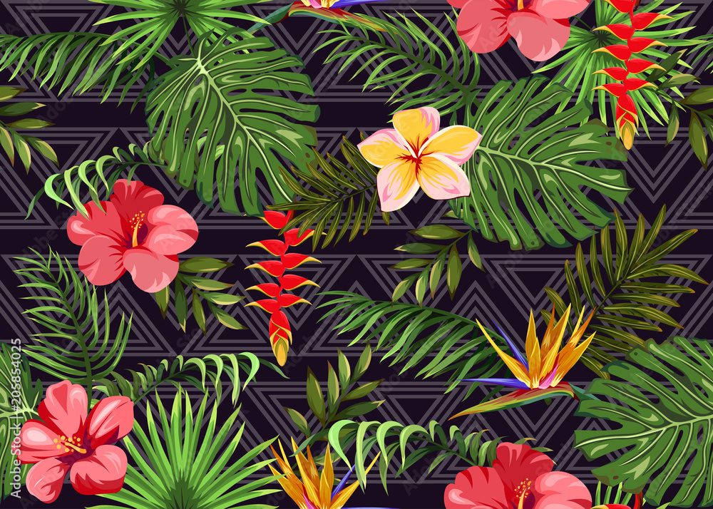 Seamless pattern with exotic flowers and tropical leaves Seamless pattern with exotic flowers and tropical leaves