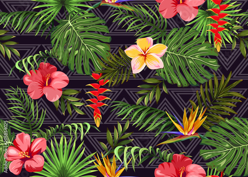 Seamless pattern with exotic flowers and tropical leaves © Hmarka