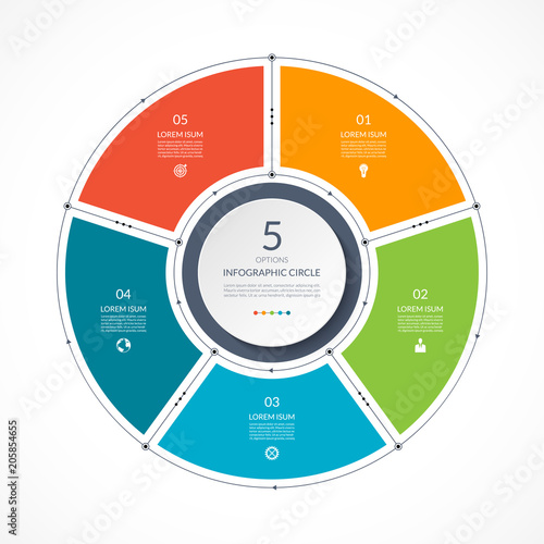 Infographic circle in thin line flat style. Business presentation template with 5 options, parts, steps. Vector illustration