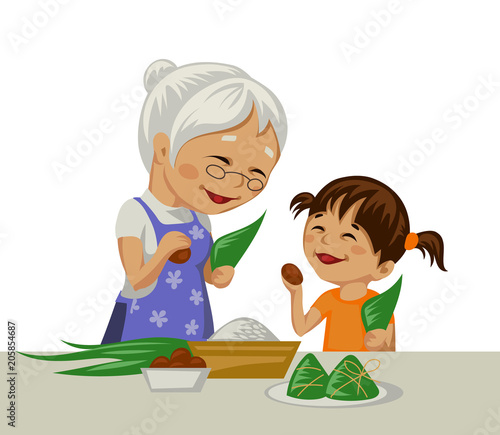  Grandmother and granddaughter cook togher national Chinese food zongzi, which eat in Dragon boat festival