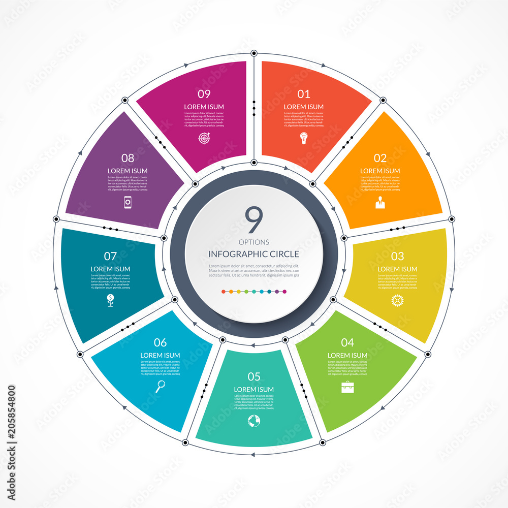 Infographic circle in thin line flat style. Business presentation template with 9 options, parts, steps. Vector illustration