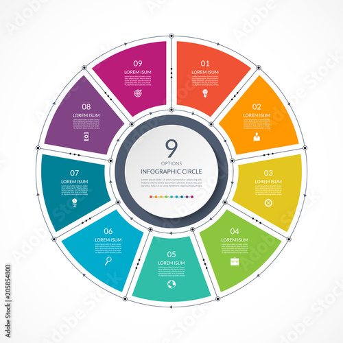 Infographic circle in thin line flat style. Business presentation template with 9 options, parts, steps. Vector illustration