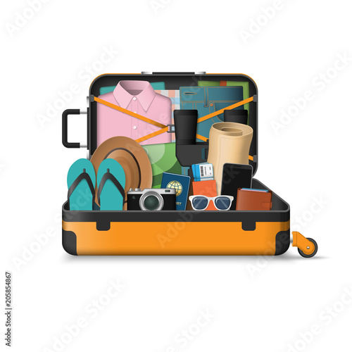 Open suitcase packed for travel. Summer vacation concept. Vector illustration