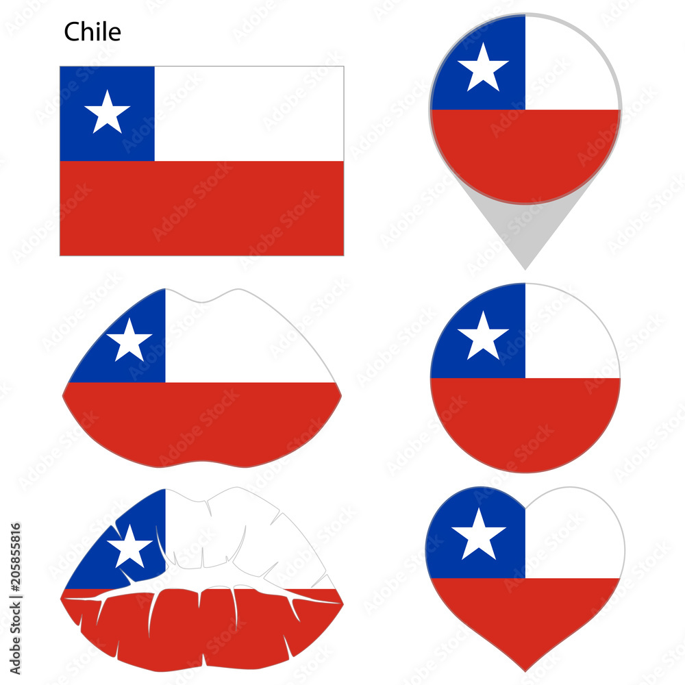 Flag of Chile, set. Correct proportions, lips, imprint of kiss, map pointer, heart, icon. Abstract concept. Vector illustration on white background. Flag of Chile, set. Correct proportions, lips, imprint of kiss, map pointer, heart, icon. Abstract concept. Vector illustration on white background.