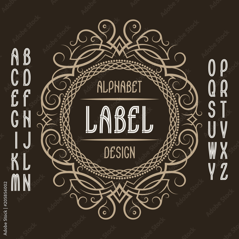 Vintage label template in patterned frame. Isolated logo design elements and alphabet.