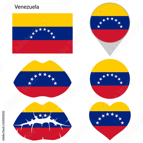 Flag of Venezuela, set. Correct proportions, lips, imprint of kiss, map pointer, heart, icon. Abstract concept. Vector illustration on white background.