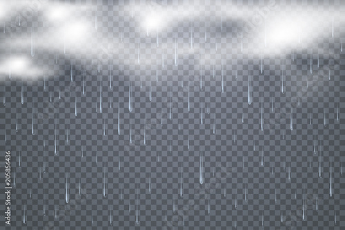 Vector raindrops with clouds isolated on transparent background. Tropical Rainfall. Falling water drops. White Dense clouds. Bad weather conditions illustration. Eps 10.