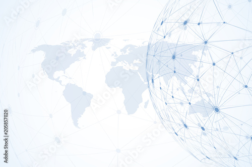 Global network connections with world map. Internet connection background. Abstract connection structure. Polygonal space background. Vector illustration. photo