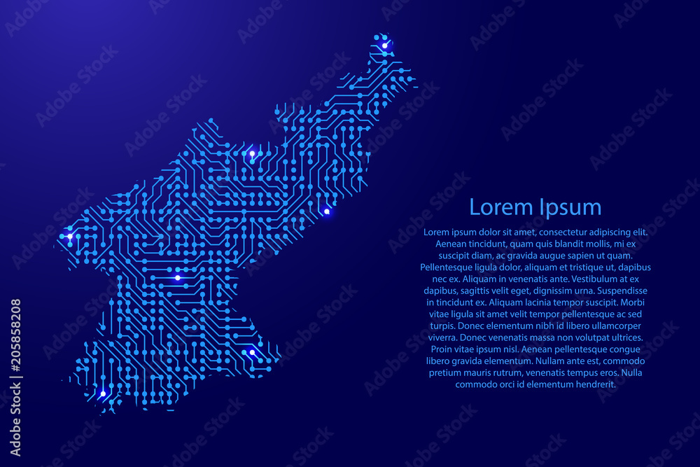 Map North Korea from printed board, chip and radio component with blue star space on the contour for banner, poster, greeting card. Computer electronics processor motherboard. Vector illustration.