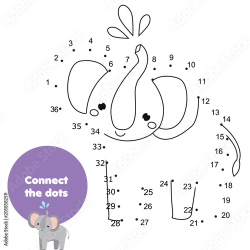Connect the dots by numbers children educational game. Animals theme, cartoon elephant