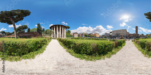 Equirectangular image of Temple of Hercules Victor (Tempio di Ercole Vincitore) in Piazza della Bocca della Verita 00118 Roma, Italy on sunny morning of spring. photo
