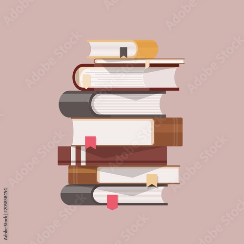 Stack of antique books with hardcovers and bookmarks isolated on light background. Pile of literary works with colorful covers. College education, literature learning, reading. Vector illustration.