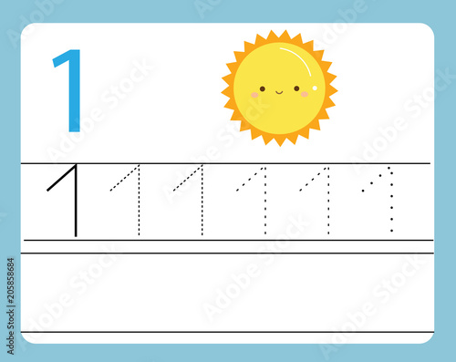Handwriting practice. Learning numbers with cute characters. Number one. Educational printable worksheet for kids and toddlers with tracing lines