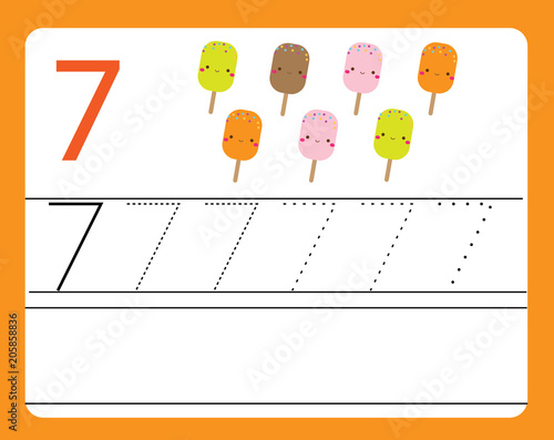 Handwriting practice. Learning numbers with cute characters. Number seven. Educational printable worksheet for kids and toddlers with tracing lines