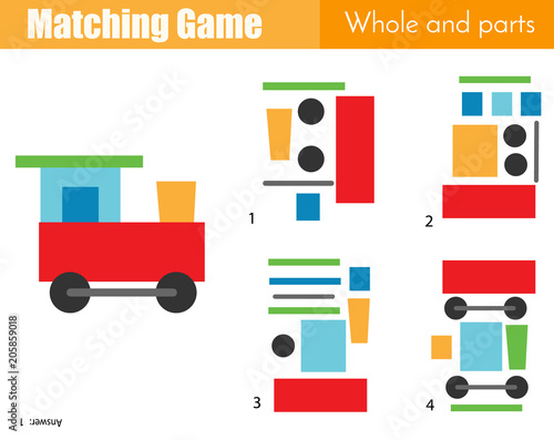 Matching game. Educational children activity with toy train. Learning whole and parts type
