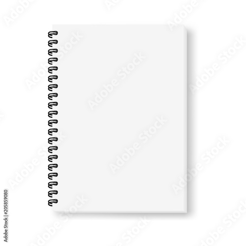 Realistic vector image (mock-up) of an open notepad isolated on white, top view. White sheets of notebook, fastened with a black spiral, shifted down and to the right, 3d. Vector EPS 10.