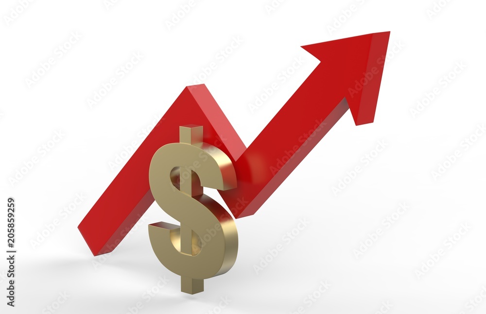 Increase in dollar value concept, golden dollar sign with a rising arrow, 3d illustration Increase in dollar value concept, golden dollar sign with a rising arrow, 3d illustration