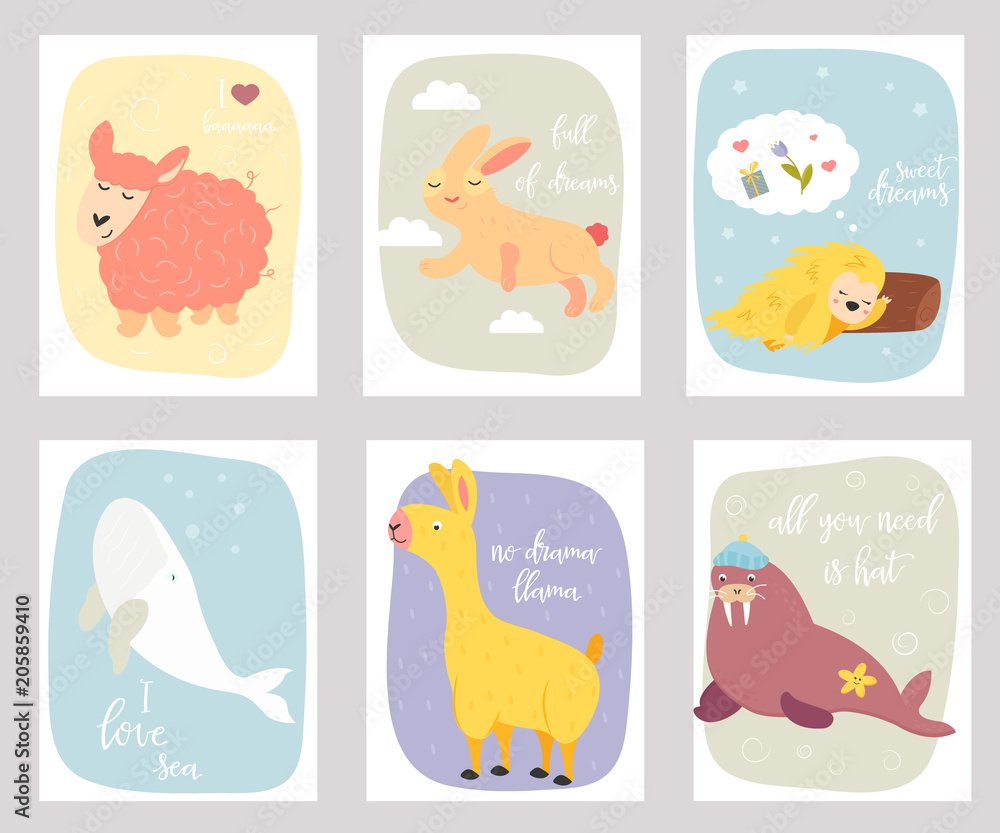 Big vector set of funny postcards with animals