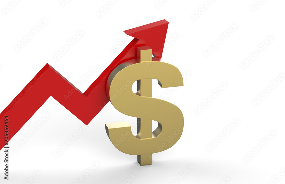 Increase in dollar value concept, golden dollar sign with a rising arrow, 3d illustration Increase in dollar value concept, golden dollar sign with a rising arrow, 3d illustration