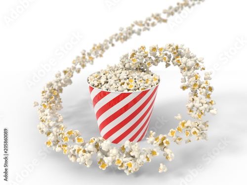 flow of popcorn filling a bucket. 3d illustration