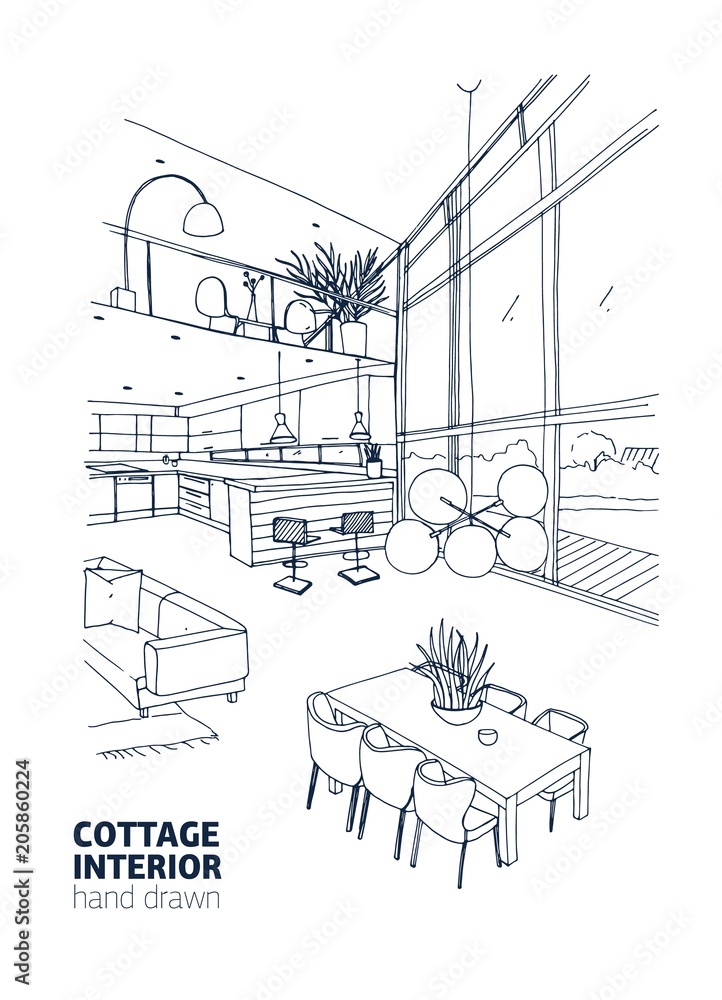 Monochrome sketch of modern country house or summer cottage interior full of trendy furniture. Kitchen and dining room hand drawn with black contour lines on white background. Vector illustration.