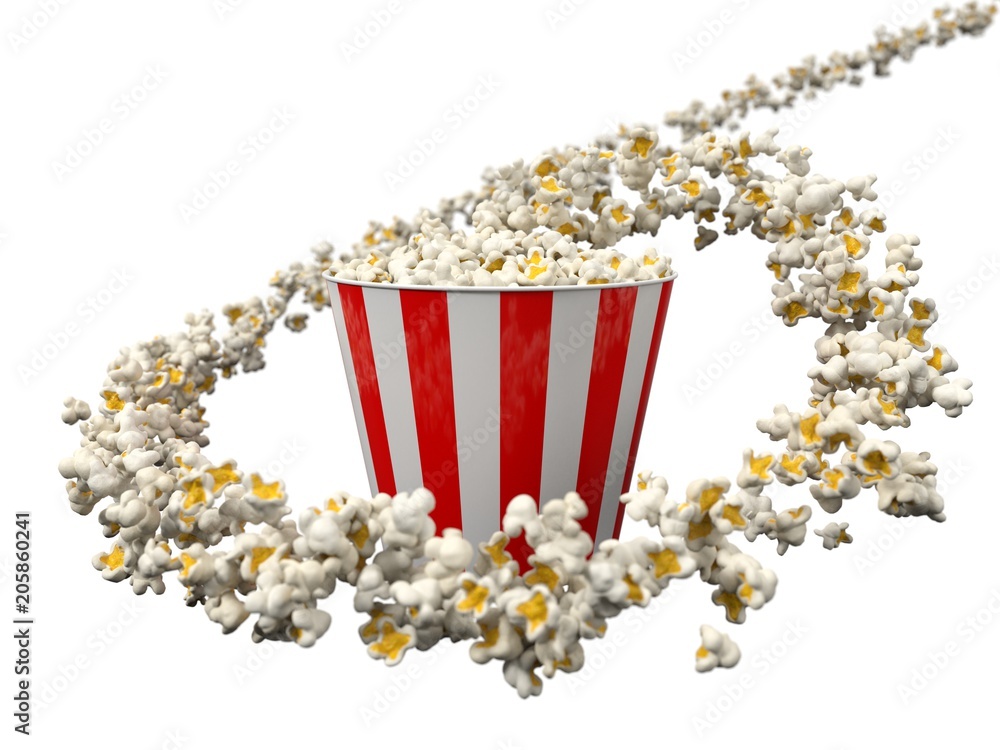 flow of popcorn filling a bucket. 3d illustration