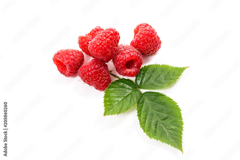 Ripe raspberries with leaf isolated on white background. Ripe raspberries with leaf isolated on white background.
