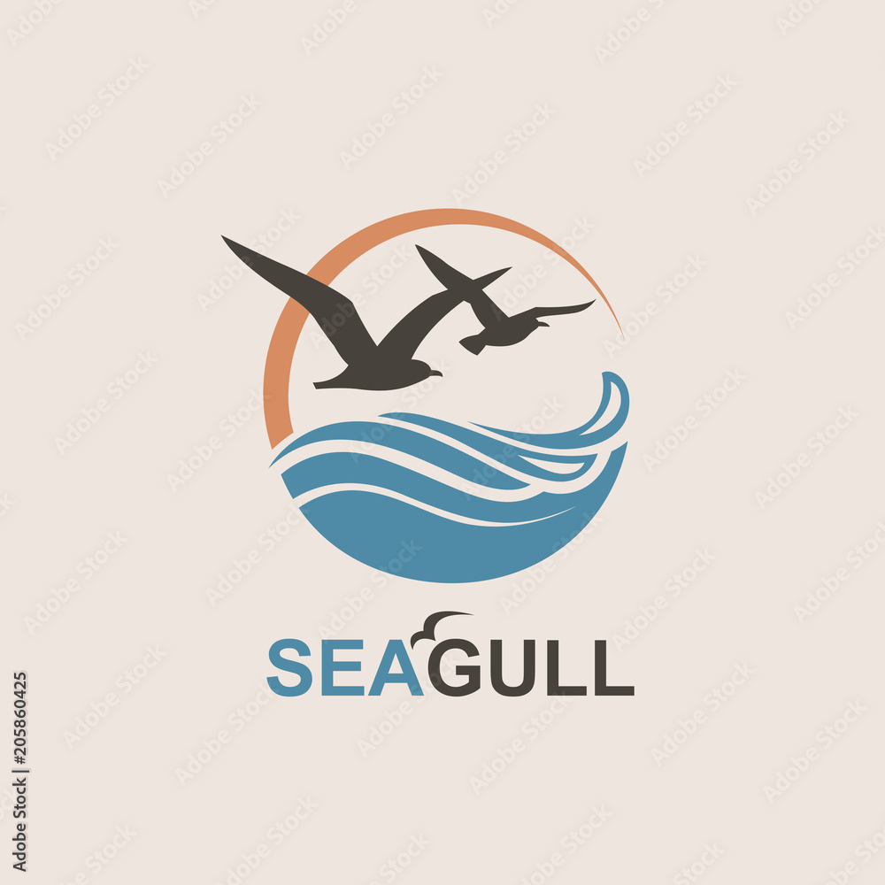Naklejka premium abstrakcyjny projekt logo oceanu z falami i mewami