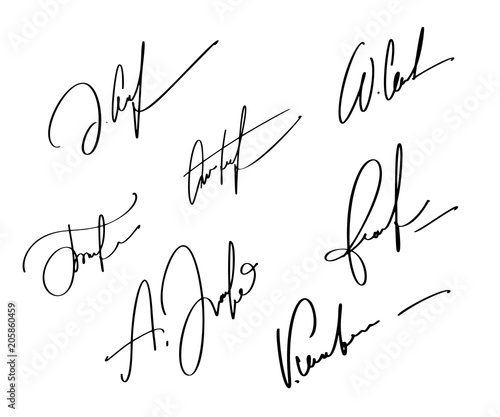 Manual signature for documents on white background. Hand drawn Calligraphy lettering Vector illustration EPS10