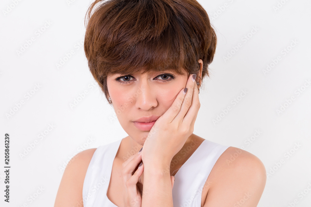 Teeth Problem. Woman feeling tooth pain. Isolated on white background. Studio lighting. Concept for healthy and medical Teeth Problem. Woman feeling tooth pain. Isolated on white background. Studio lighting. Concept for healthy and medical