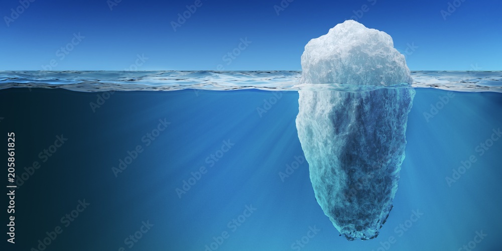 Fototapeta premium Podwodny widok na dużej górze lodowej unosi się w oceanie. 3D świadczonych ilustracji.
