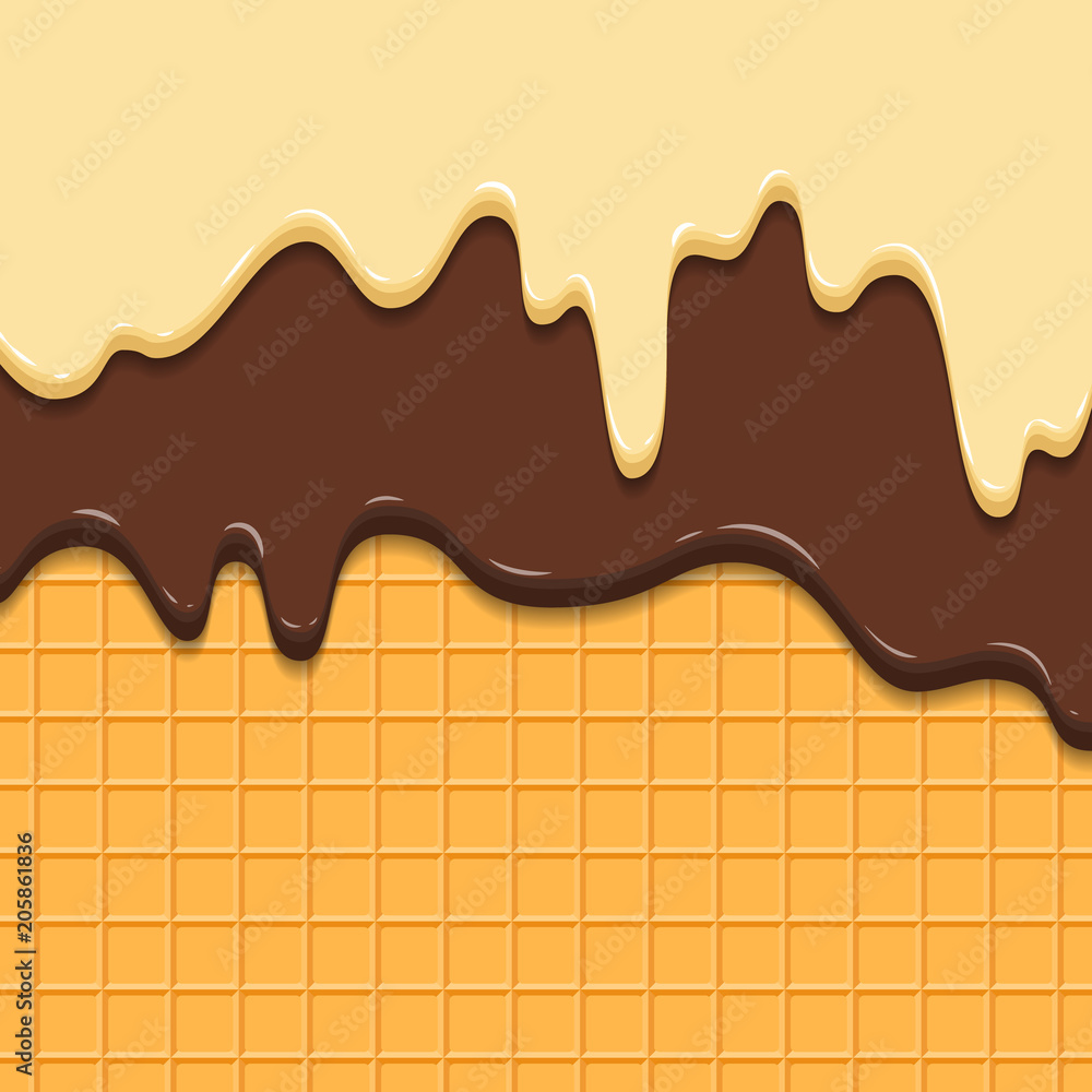 Pattern waffle texture melts frosting ice cream dripping. Glossy streaks chocolate vanilla cream crispy cone. Cartoon picture for web, advertising, banner, business card. Vector illustration. Pattern waffle texture melts frosting ice cream dripping. Glossy streaks chocolate vanilla cream crispy cone. Cartoon picture for web, advertising, banner, business card. Vector illustration.