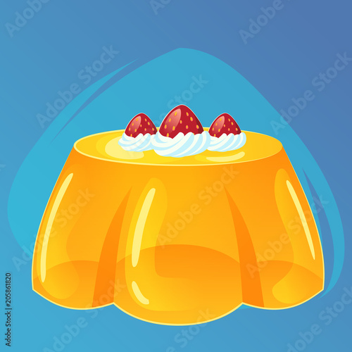 yellow jelly puddingwith strawberries and cream game icon, cartoon food, vector illustration eps10