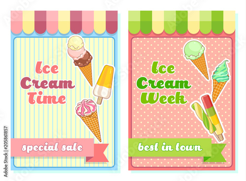 Ice cream poster. Brightly colored ice cream, waffle cones, popsicles on a beautiful background. Cartoon illustration for web, advertising, banner, poster, flyer, business card. Vector illustration.