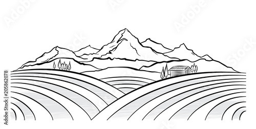 Had drawn mountains rural landscape with fields and farm. Sketch line design