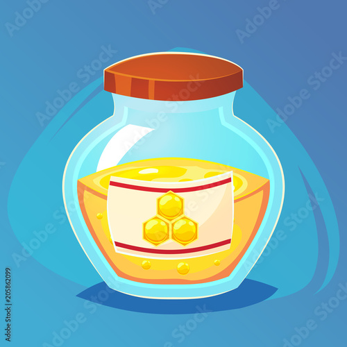 A glass pot full of honey sweet food game icon, cartoon food or web site design, mobile app Vector illustration
