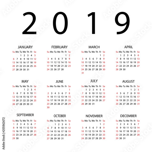 Calendar 2019 year. Week starts with Sunday